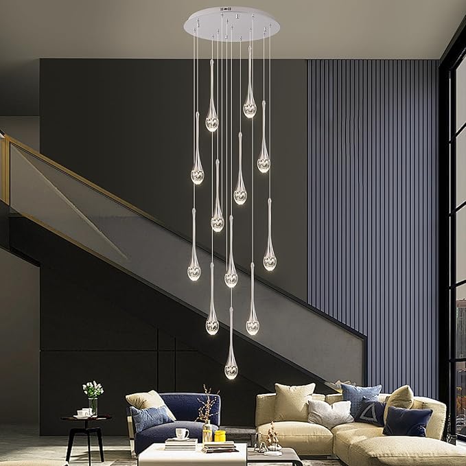 Modern Crystal Staircase Chandelier Polished Chrome 12-Lights, H120'' Large High Ceiling Spiral Dimmable LED Raindrop Foyer Entryway Light Fixture Remote Control