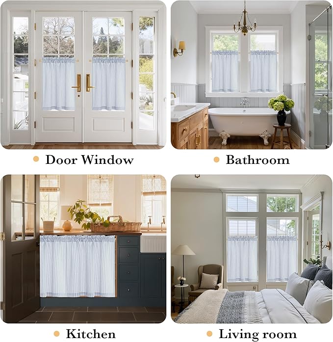 NICETOWN Sheer Blue Linen Kitchen Curtains, Striped Print Farmhouse Decor Cafe Curtains 24 Inch Length, Boho Drapes with Rod Pocket for Living Room Bathroom, 2 Panels, 30×24
