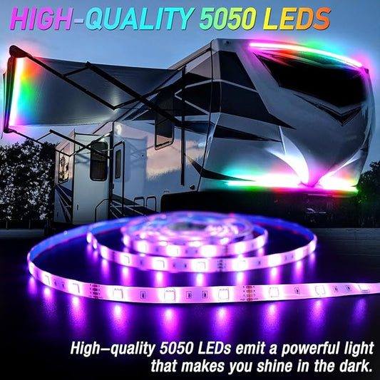 16.4FT RV Awning Lights, 12V Camper LED Light Strip with Remote and APP Control, Waterproof RV Exterior Strip Lights for Canopy Motorhome Travel Trailer Camping BBQ Kitchen (1PC-16.4FT New)