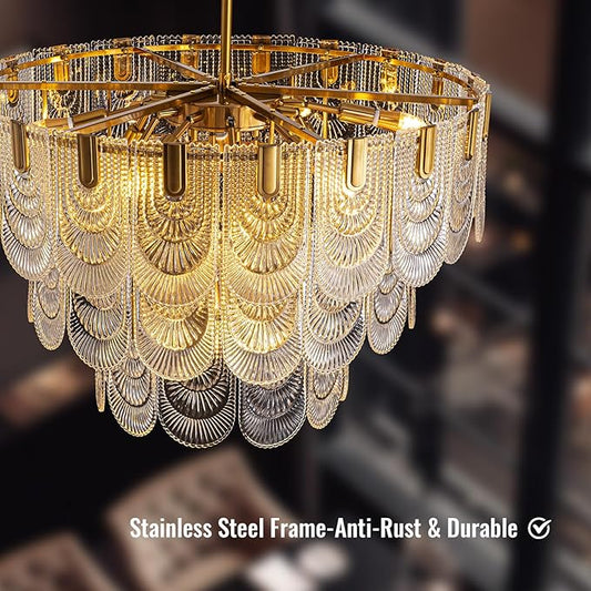 31.5-inch Glass Chandelier,Gold Glass Kitchen Island Lights,16-Light Dining Room Hanging Pendant Light Fixture for Living Room, Bedroom,Foyer, Bathroom,Entryway, Brass Finish, D31.5 xH34.6