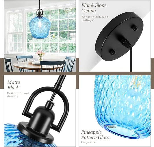 Large Glass Pendant Lights Kitchen Island, 10" 1-Light Black Pendant Light Fixtures with Blue Hammered Glass, Modern Hanging Light for Kitchen Island Dining Room Entryway Foyer