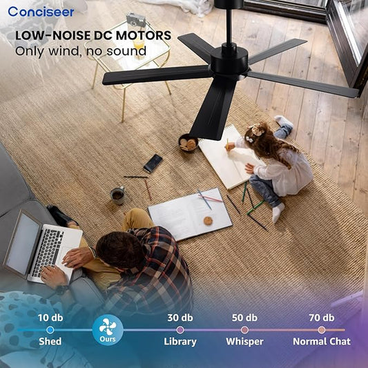 Conciseer Modern Ceiling Fans with Lights,52 Inch Ceiling Fans with Remote for Bedroom Living Room Kitchen, 18W 6CCT Dimmable,5 Blades 6 Speed Reversible Quiet DC Motor Black