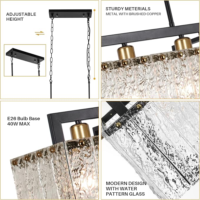 Black Crystal Chandeliers for Dining Room, 35.4" Modern Chandelier for Living Room,Water Ripple Glass Design, Adjustable Height, Rectangle Hanging Light Fixture for Living Room Kitchen Island