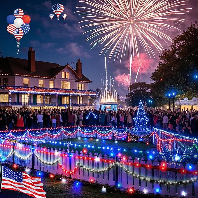 4th of July 95FT 240LED Red White and Blue String Lights, Extra-Long Connectable Led Twinkle Lights Waterproof with 8 Modes Memory, Independence Day Decoration