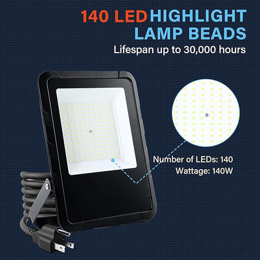 Simple Deluxe 2 Pack LED Flood Lights Outdoor, 140W 14000LM Super Bright Outside Work Light with Plug, IP65 Waterproof, 6500K Floodlight for Garage, Yard, Lawn