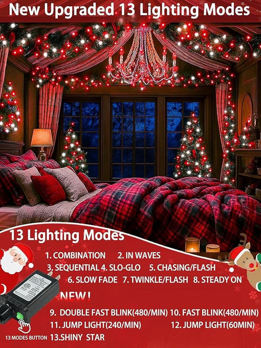 2 Pack 66FT 200 LED Red and White Christmas String Lights Indoor Outdoor, 13 Modes Extendable Christmas Tree Lights with Timer & Memory, Waterproof Twinkle Xmas Lights for Tree Holiday Party Garden