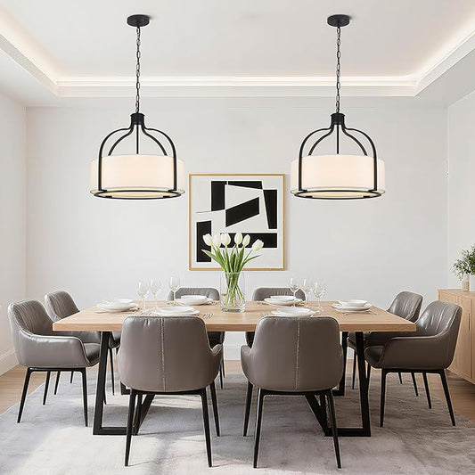 20.5'' Modern Black Drum Chandelier, 5-Light Large Farmhouse Chandeliers for Dining Room Hanging Light Fixture Drum Pendant Light with White Fabric Shade for Kitchen Living Room Foyer Entryway Bedroom