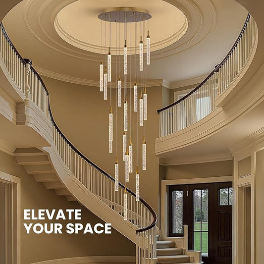 SNZ 20-Light Gold Crystal Chandelier, High Ceiling Chandelier for Staircase, Modern LED Dimmable Pendant Light Fixture for Entryway Hallway Living Room, 157in, Gold