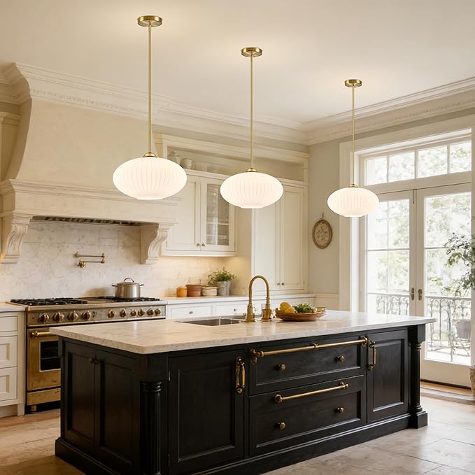 10" Milky White Glass Modern Pendant Light Kitchen Island 2 Pack Brushed Gold Mid Century Modern Pendant Lighting with Frosted Glass Hanging Pendants Light for Bedroom(Bulb Incl.