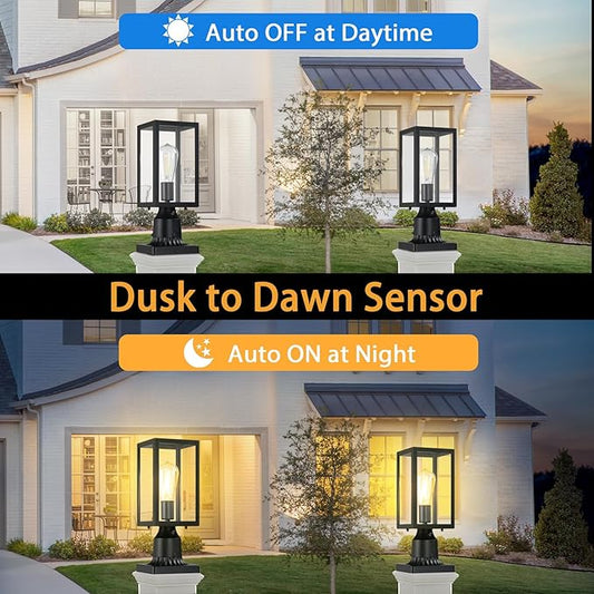 Dusk to Dawn Outdoor Post Lights with Pier Mount Base, 2-Pack Modern Lamp Post Light Fixture Waterproof Pole Lights Outdoor Column Lights Exterior Post Lantern with Clear Glass for Garden Patio
