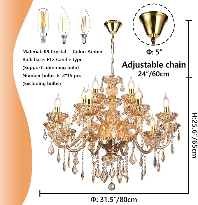 Luxury K9 Crystal Amber Color Modern Classic 15 Lights Ceiling Chandelier with Adjustable Height E12 Candelabra Base Fixture for Dining Room Kitchen Living Room