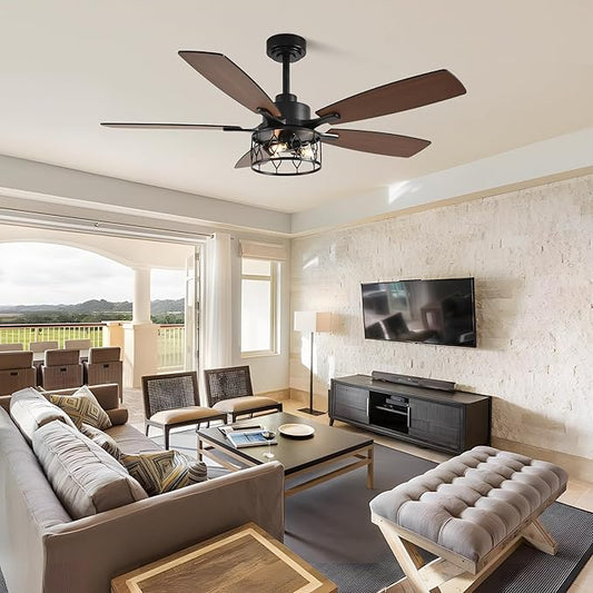52'' Caged Ceiling Fans with Lights and Remote Control,Reversible DC Motor,5 Double Colour Blades,Rustic Farmhouse Ceiling Fan for Living Room,Dining Room,Bedroom
