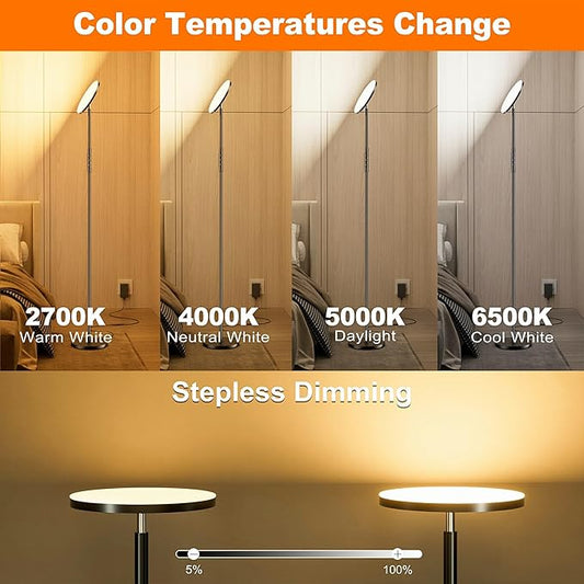 Yikuneng Super Bright Floor Lamp for Living Room, Stepless Dimmable LED Standing Lamp with Remote and Touch Control, 69” Tall Torchiere Corner Lamp for Bedroom Office Hotel, Black