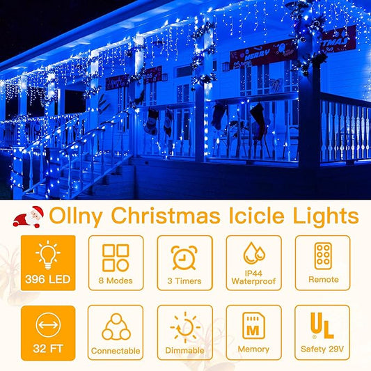 Ollny Icicle Lights for Outside 400LED 32FT, Blue Christmas Light with Remote 8Modes Timers Waterproof, Plug in Connectable Hanging Lights for Outdoor Indoor House Roof Holiday
