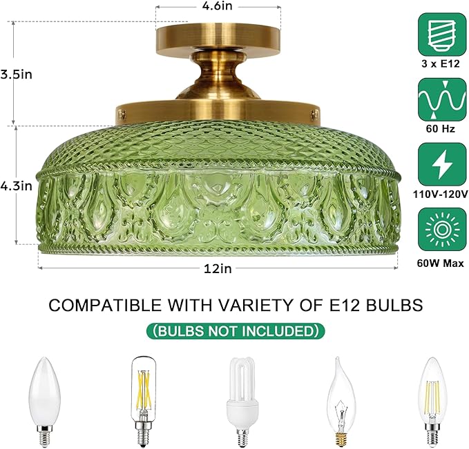 Lamomo Semi Flush Mount Ceiling Light, Upgraded Larger 12 Inch Green Hallway Light Fixture, 3 Light Globe Glass Close to Ceiling Scone, Indoor Hanging Light for Bedroom Kitchen Porch Hallway