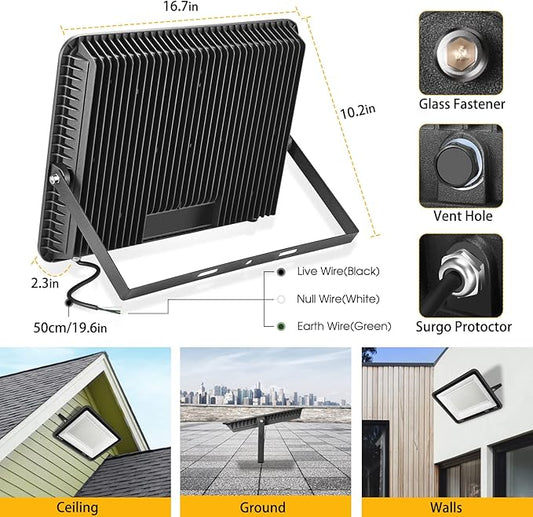 XYCN 300W LED Flood Light (2000W Equivalent), Super Bright 42,500LM 5000K Daylight IP66 Waterproof Security Outdoor LED Arena Lights Commercial Lighting Floodlight for Backyard|Court|Stadium|Yard
