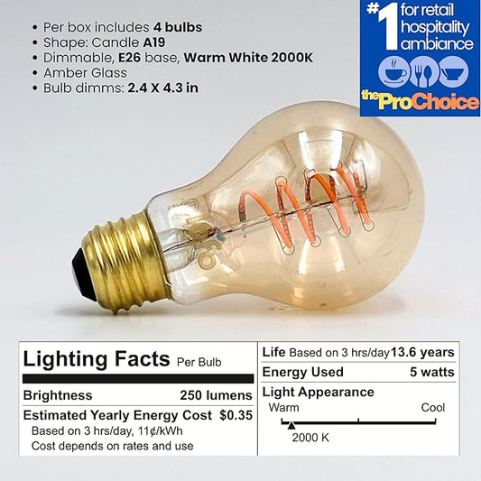 TimelessGlow 4 Pack Dimmable A19 LED Filament Bulb 5W 40W Equivalent Warm Amber 2000K E26 Base CRI80 Amber Glass Spiral Filament ETL FCC Certified Flicker Free Decorative Lighting
