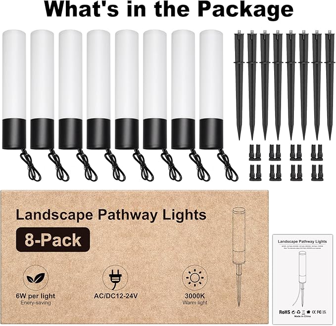 Landscape Lighting Low Voltage Pathway Lights, 8 Pack Landscape Path Lights 300LM 6W, 3000K Bollard Aluminum Low Voltage Landscape Lights Wired for Walkway Yard Garden