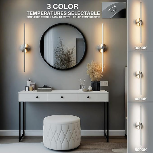 ZAGO 24 Inch LED Indoor Linear Wall Sconces Set of Two, 3CCT Switchable, Brushed Nickel, Hardwired and Wall Mounted, Dimmable for Living Room, Hallway, Bedroom, 120-277V, 14W, 900LM, ETL Certified