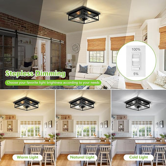 2 Pack Farmhouse Ceiling Light Fixture - 12 Inch Big Industrial Square Modern Black Flush Mount Ceiling Light for Kitchen, Hallway, Bedroom, Balcony, Porch, Stairway, E26 (Black, 12 Inch)