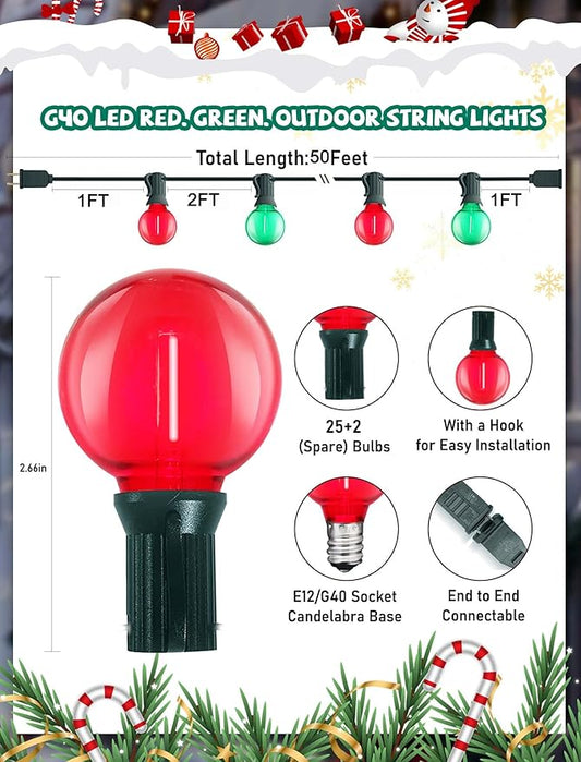 G40 LED Christmas String Lights, 50FT Christmas G40 String Lights with 27 Shatterproof LED Clear Red Green Bulbs, Xmas Outdoor Decoration Lights for Patio Backyard Roofline Garden Yard