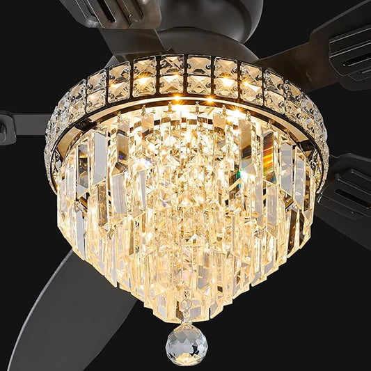 Crystal Ceiling Fan Fandelier with Lights-Ceiling Fans,50" Low Profile and Remote Control, Flush Mount, Reversible, Dimmable, Noiseless,Ceiling Fan for Bedroom(Black)