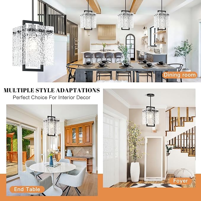 Modern Black Pendant Lights Kitchen Island, Pendant Light Fixtures with Water Ripple Glass, Elegant Adjustable Pendant Lighting, Island Lights for Kitchen, Dining Room, L7.3 x W11.6
