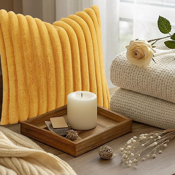 decorUhome Summer Cozy Faux Fur Throw Pillow Covers 12x20 Set of 2 Decorative Plush Striped Lumbar Modern Farmhouse Boho Couch Pillow Cases with Velvet Back for Sofa Bed Living Room, Mustard Yellow