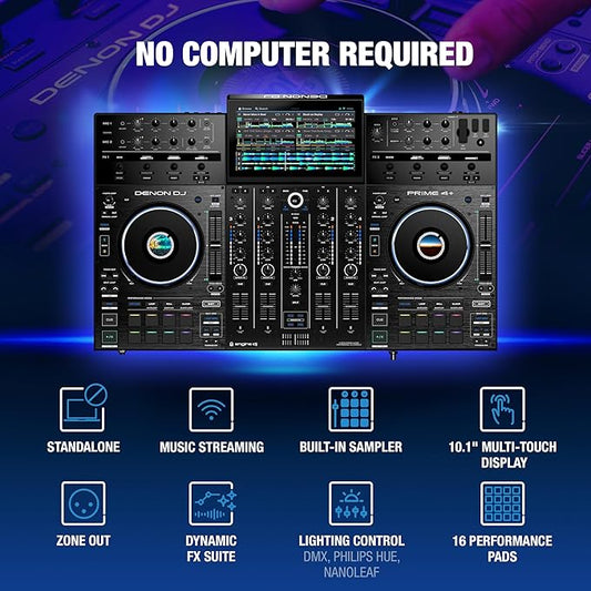 Denon DJ PRIME 4+ DJ Controller and DMX Lighting Controller for Live Music, DJ sets, Events, Music production