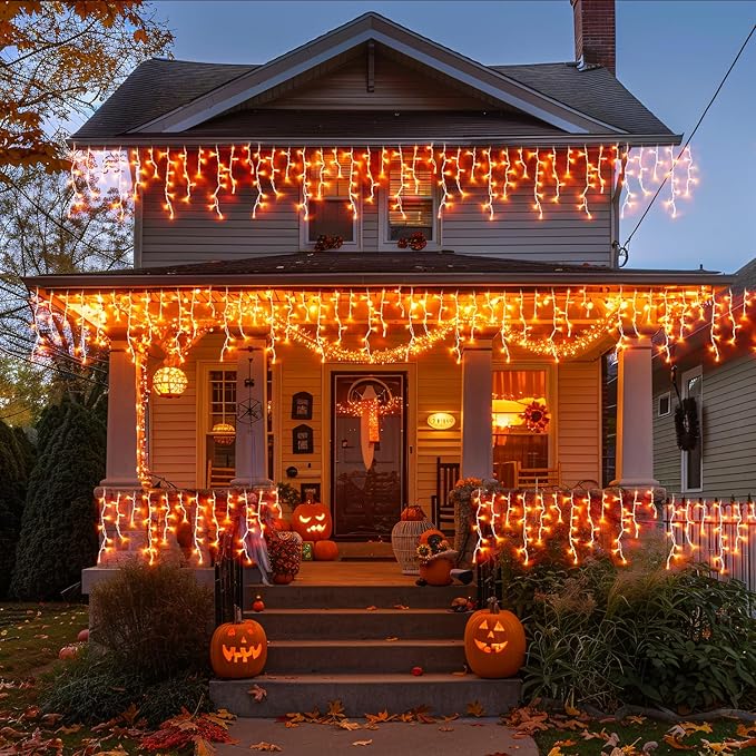 JMEXSUSS Orange Christmas Lights Outdoor, 800 LED Orange Icicle Lights Outdoor Waterproof, 8 Modes String Light Plug in for Fireplace Tree Garden Patio Thanksgiving Fall Halloween Decor