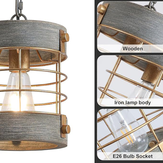 Farmhouse Pendant Light, Adjustable Metal and Wood Chandelier Light Fixture, Rustic Pendant Lighting for Kitchen Island, Bedroom, Dining Room and Entryway, Blue Gray