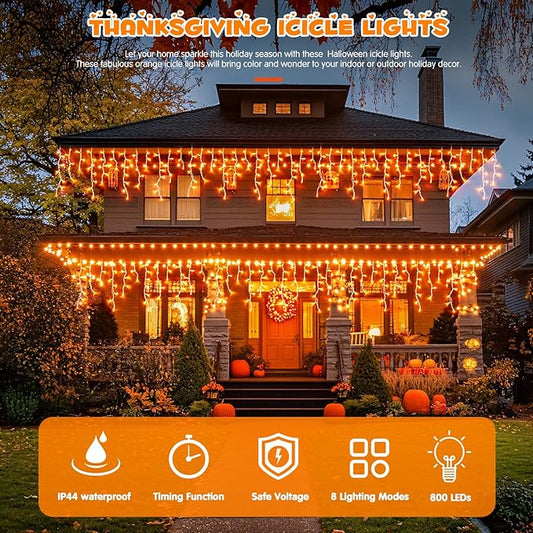 JMEXSUSS Orange Thanksgiving Lights Outdoor, 38.8 FT 400 LED Orange Icicle Lights Outdoor Waterproof, 8 Modes String Light Plug in for Fireplace Tree Garden Patio Thanksgiving Fall Halloween Decor