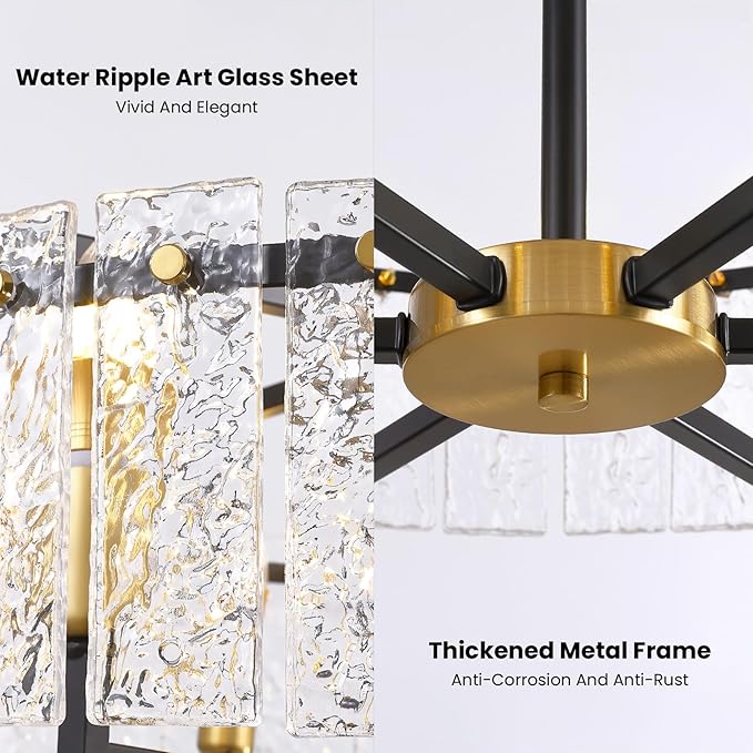 23.62" Gold Water Ripple Glass Chandeliers, 6-Light Modern Round Chandelier, Luxury Drum Chandelier Lighting Fixtures for Living Room Dining Room Kitchen Bedroom Foyer Hotel