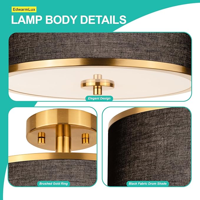 Edwarmlux 3-Light Semi Flush Mount Ceiling Light Fixture, 12.6" Gold Drum Light with Black Fabric Shade, Modern Close to Ceiling Light for Living Room Bedroom Dining Room Kitchen Hallway Entry Foyer