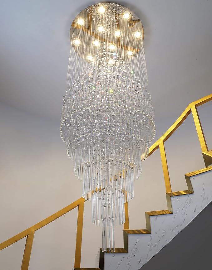 HAIXIANG W32 x H100 Glam Chandelier with LED Bulbs Crystal Raindrop High Ceiling Pendant Light for Entrance Large Villa Chandelier Foyer Lighting Fixtures Silver