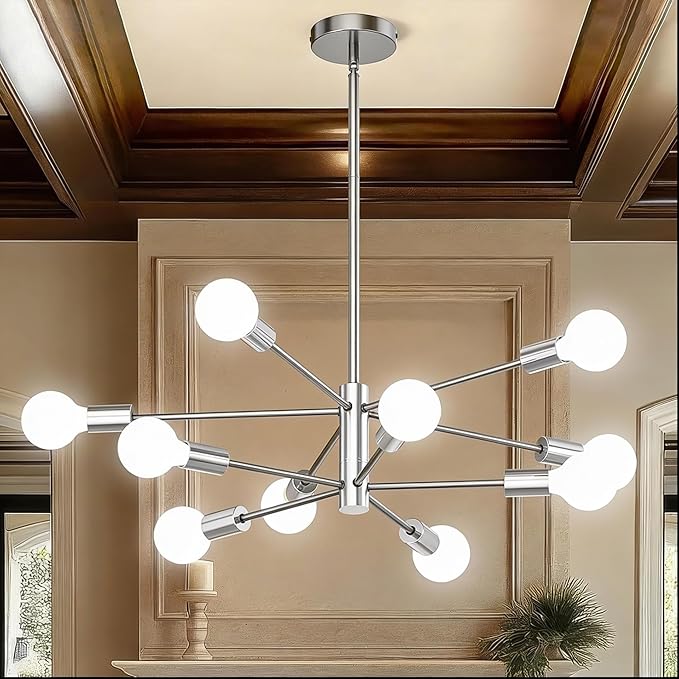 Sputnik Chandelier 10-Light, Mid Century Modern Height Adjustable Ceiling Light Fixture for Dining Room, Kitchen Island, Living Room,Bedroom, Brushed Nickel