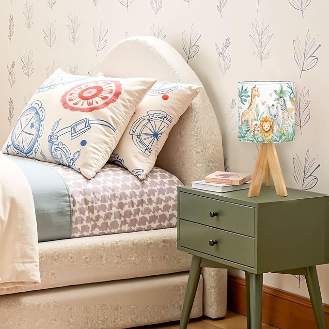 Cute Kids Bedside Desk Table Lamp Watercolor Jungle Animal Forest Lion Monkey Giraffe Zebra Lion Cub Children Nightstand Lamp, Tripod Small Night Lights Linen for Nursery Room Bedroom Dorm Decor
