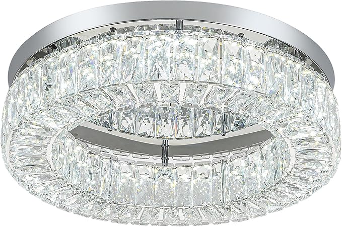HOPGGIE 18 Inch Crystal Chandelier LED Ceiling Light Flush Mount Ceiling Light Fixtures Luxury Large Chandelier Light for Living Room Bedroom Dining Room Closet (Cool White)