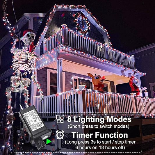 Red and White Christmas Lights, 66FT 200 LED Outdoor String Lights Waterproof with 8 Modes, Connectable Plug in Fairy Light Green Wire for Outside Indoor Patio Garden Xmas Party Holiday Decorations