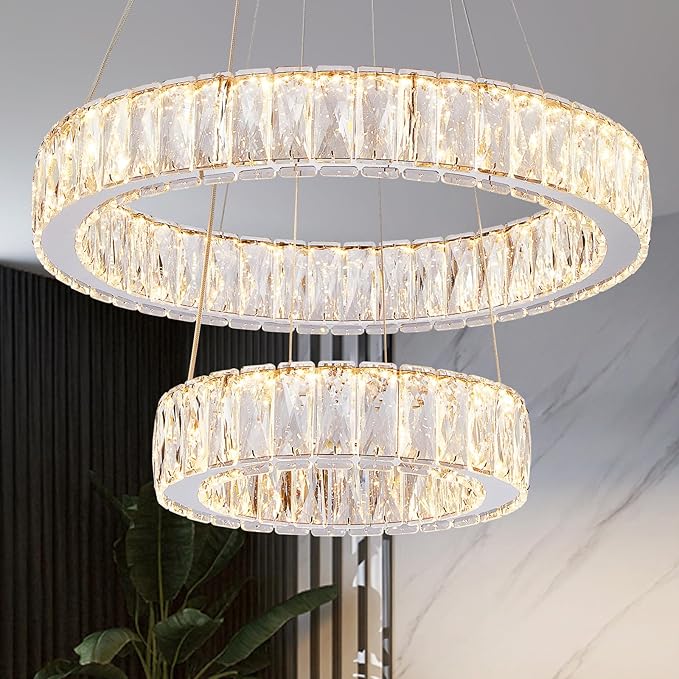 Depuley Modern LED Crystal Chandelier: 11.8" + 19.7" Rings Dimmable Pendant Light Adjustable for Dining Room - 42W Double-Decker Round Crystal Chandeliers for Bedroom Living Room Porch Foyer