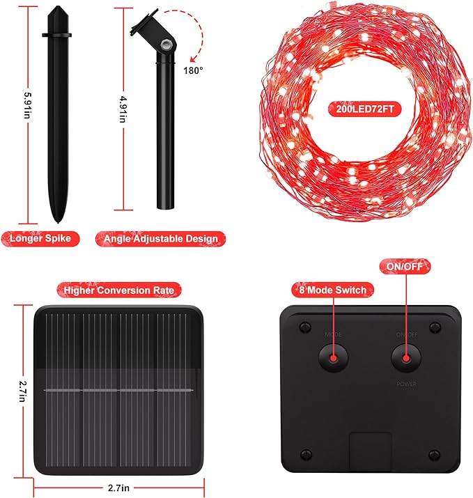 Selarlyt Solar String Lights for Outside, 72Ft 200 LED Solar Fairy Lights with 8 Modes, Solar Powered Fairy Lights Waterproof for Christmas Tree Garden Party Wedding(Red)