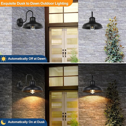 TOBUSA 2-Pack Dusk to Dawn Outdoor Wall Lights, Farmhouse Gooseneck Barn Lights Waterproof, 11.5'' Matte Black Outside Wall Sconces for House, Porch, Garage