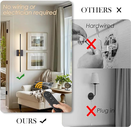 KARTOOSH Battery Operated Wall Sconces with Remote Control, Dimmable Wall Sconces Set of Two, 350°Rotate, 3000K LED Black Wireless Wall Light for Living Room, Hallway, Bedroom, 32.2 Inch (2 Pack)
