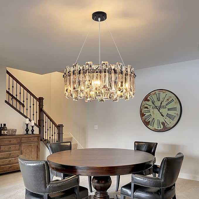 Modern Luxury K9 Crystal Chandelier 5-Lights Round Pendant Light Easy Install Ceiling Hanging Light Fixture for Dining Living Room Kitchen Island Entryway Foyer D15.8 Black