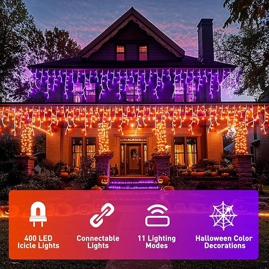 JMEXSUSS 400 LED Color Changing Christmas Lights Outdoor, 38.8ft Orange to Purple Halloween Icicle Lights with Remote, Waterproof String Light Plug in for Outdoor Indoor Party Decor