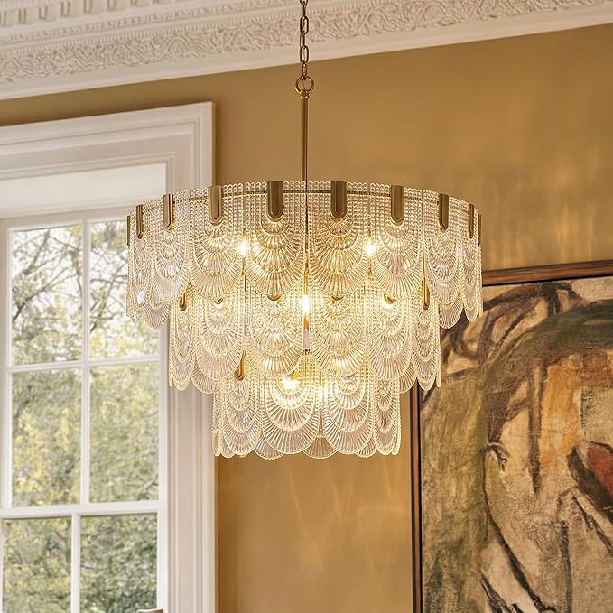 31.5-inch Glass Chandelier,Gold Glass Kitchen Island Lights,16-Light Dining Room Hanging Pendant Light Fixture for Living Room, Bedroom,Foyer, Bathroom,Entryway, Brass Finish, D31.5 xH34.6