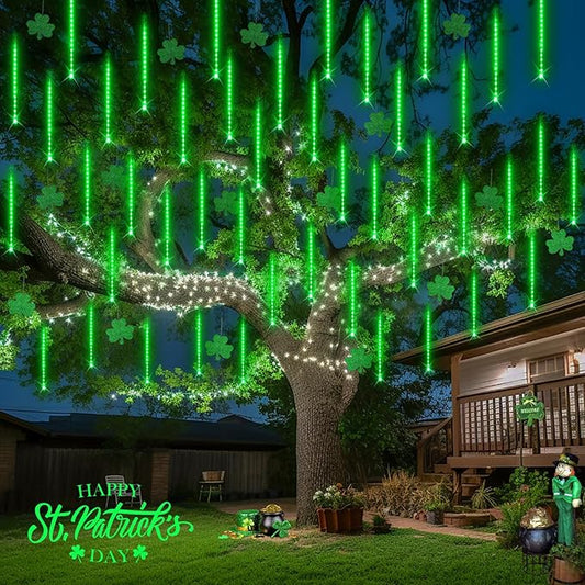 JMEXSUSS Green Solar Lights Outdoor for St. Patrick's Day Decorations, 8 Tube 144 LEDs Solar Meteor Shower Rain Lights, Green Christmas Light for Tree Eaves Yard Fence Porch Decor