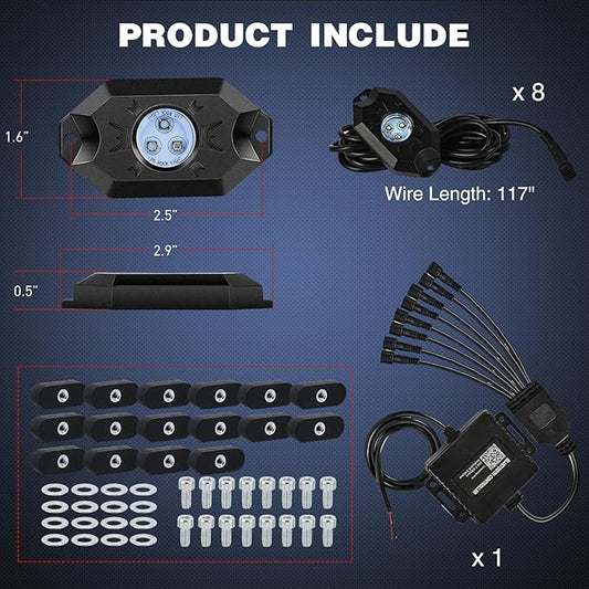 Nilight RGB LED Rock Lights Kit 8 PCS Underglow Multicolor Neon Light Pod with Magnetic Base Bluetooth App Control Flashing Music Mode IP68 Wheel Well Light for Truck ATV UTV RZR SUV