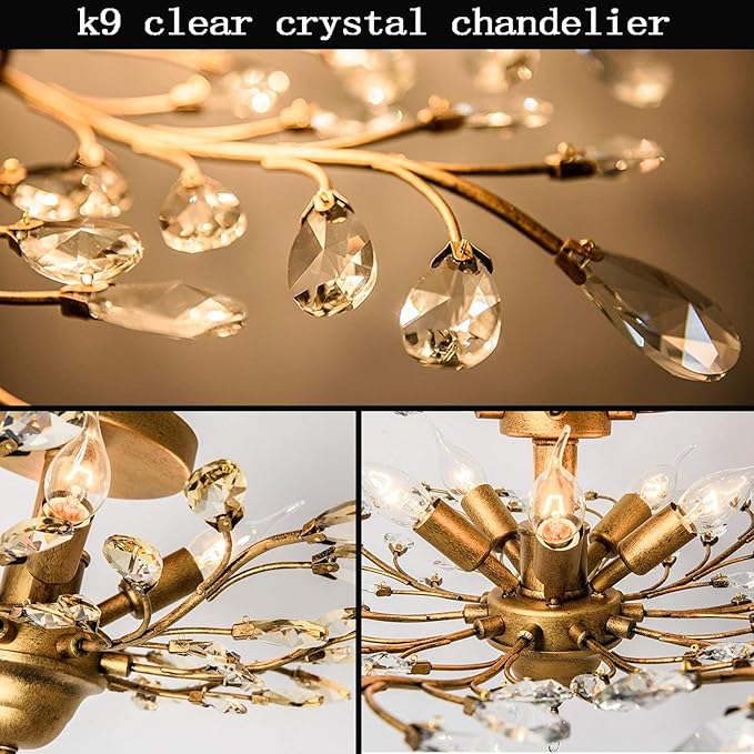 Garwarm Vintage K9 Clear Crystal Chandeliers Ceiling Lights Crystal Pendant Lighting Ceiling Light Fixtures Chandeliers Lighting for Living Room Bedroom Restaurant Porch Chandelier (5 Light,Gold)