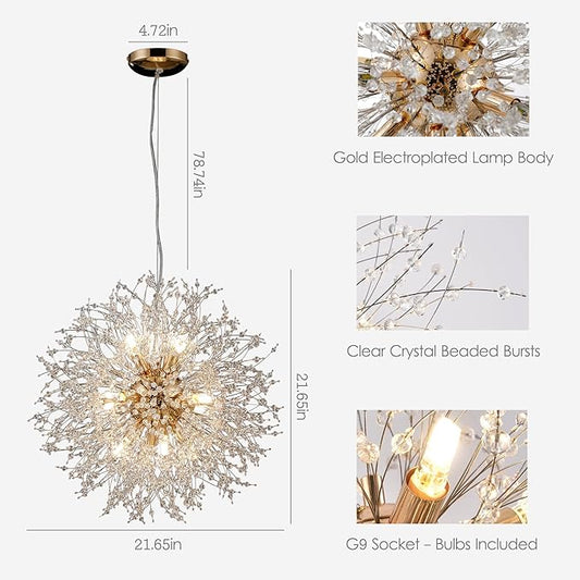 Firework Crystal Chandeliers, 12 Lights Modern Sputnik Chandelier, Gold Dandelion Pendant Light Fixture for Kitchen Island Dining Room Bedroom